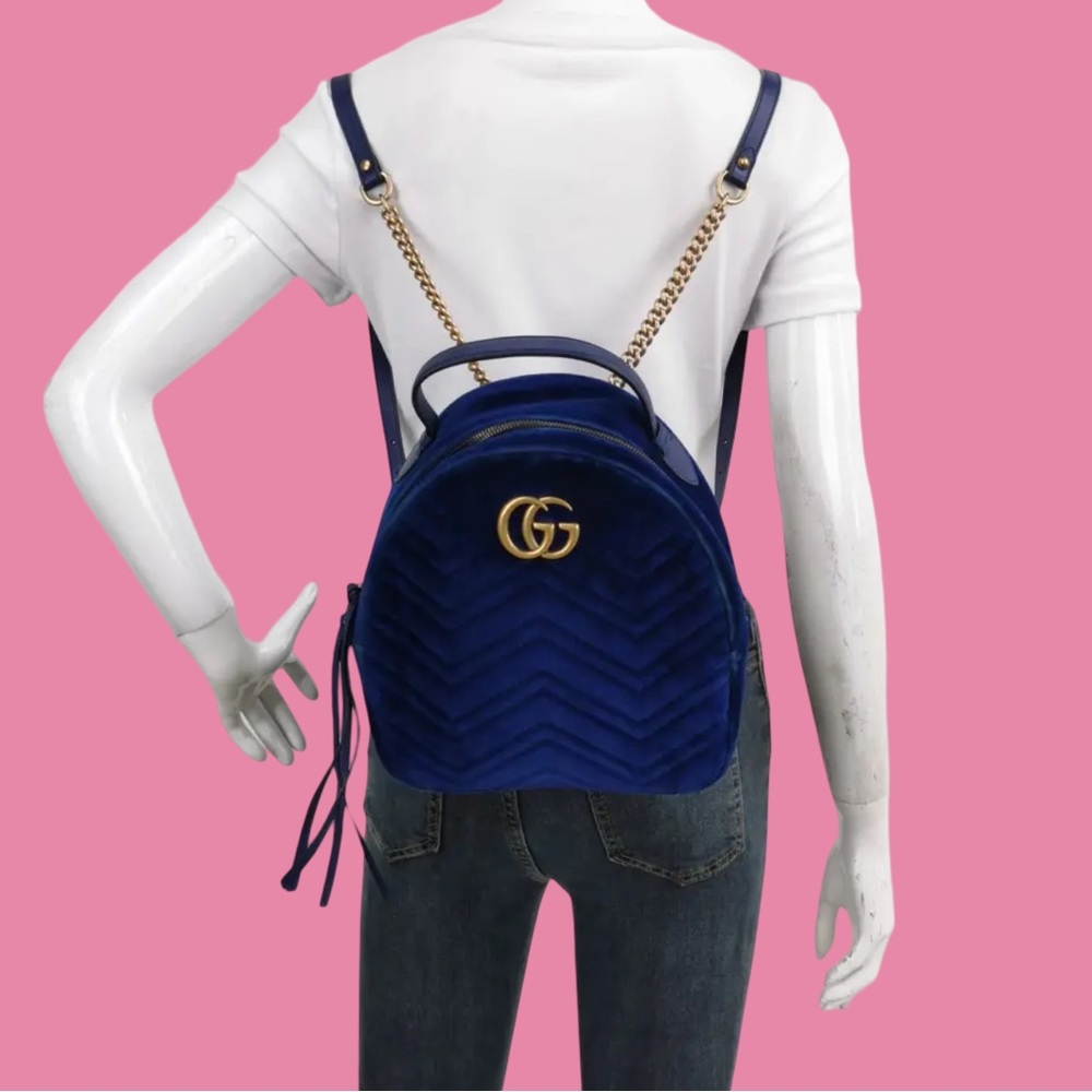 Gucci Velvet Matelasse GG Marmont Dome Backpack Royal Blue - Picture 8 of 8